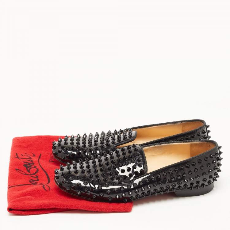 Pre Owned Christian Louboutin Black Patent Leather Dandelion Spikes Smoking Slippers Size 38