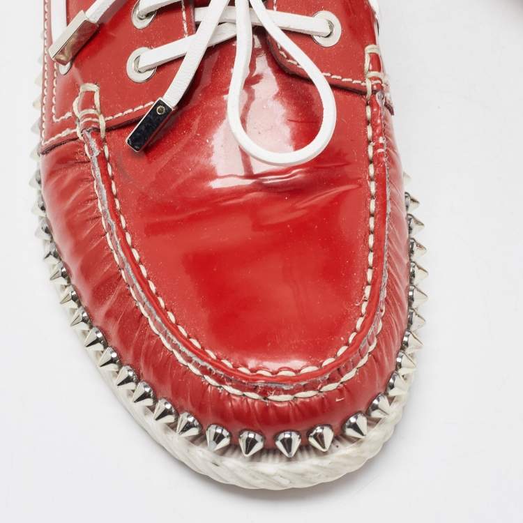 Pre Owned Christian Louboutin Red Patent Leather Steckel Spike Boat Loafers Size 40.5