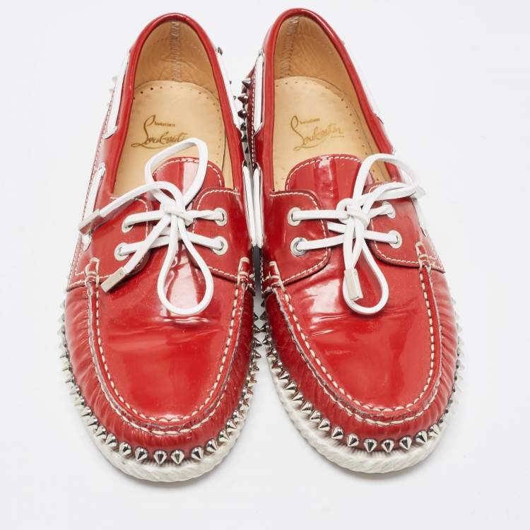 Pre Owned Christian Louboutin Red Patent Leather Steckel Spike Boat Loafers Size 40.5