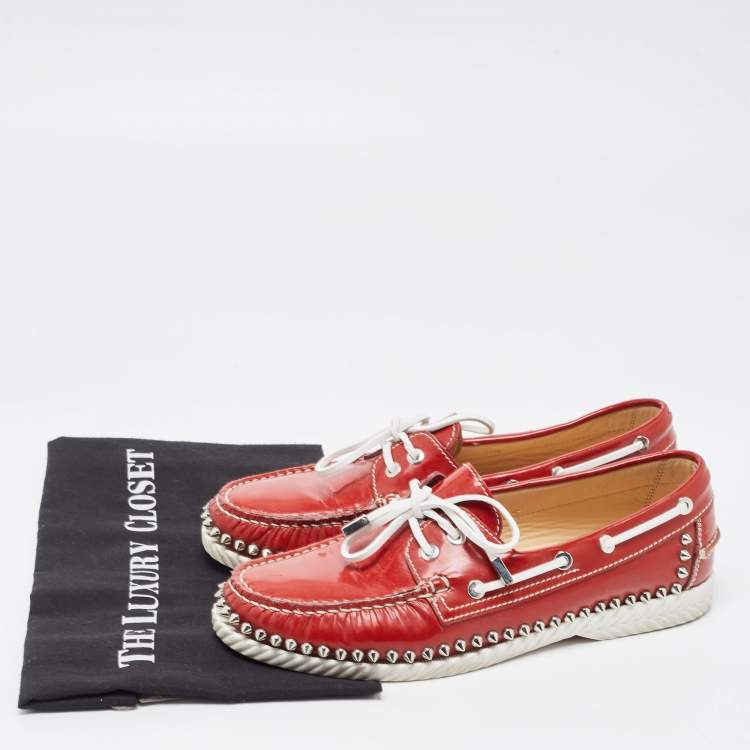 Pre Owned Christian Louboutin Red Patent Leather Steckel Spike Boat Loafers Size 40.5