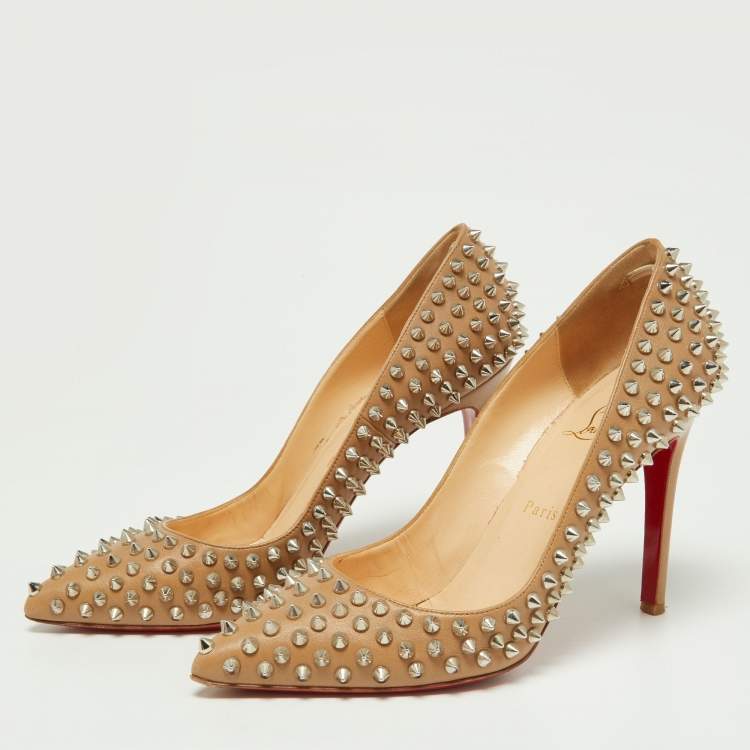 Pre Owned Christian Louboutin Beige Leather Pigalle Spikes Pumps Size 39.5