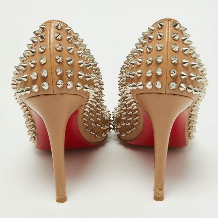 Pre Owned Christian Louboutin Beige Leather Pigalle Spikes Pumps Size 39.5