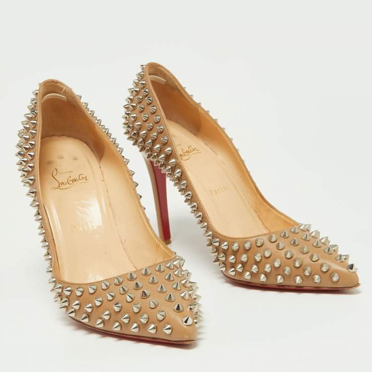 Pre Owned Christian Louboutin Beige Leather Pigalle Spikes Pumps Size 39.5