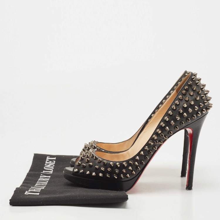 Pre Owned Christian Louboutin Black Leather Yolanda Spikes Pumps Size 37.5