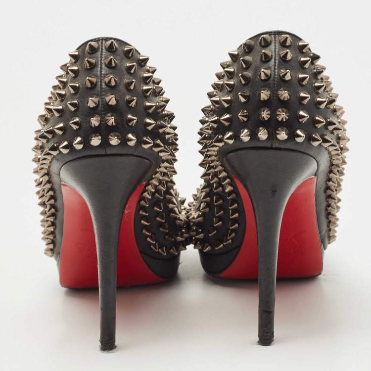 Pre Owned Christian Louboutin Black Leather Yolanda Spikes Pumps Size 37.5
