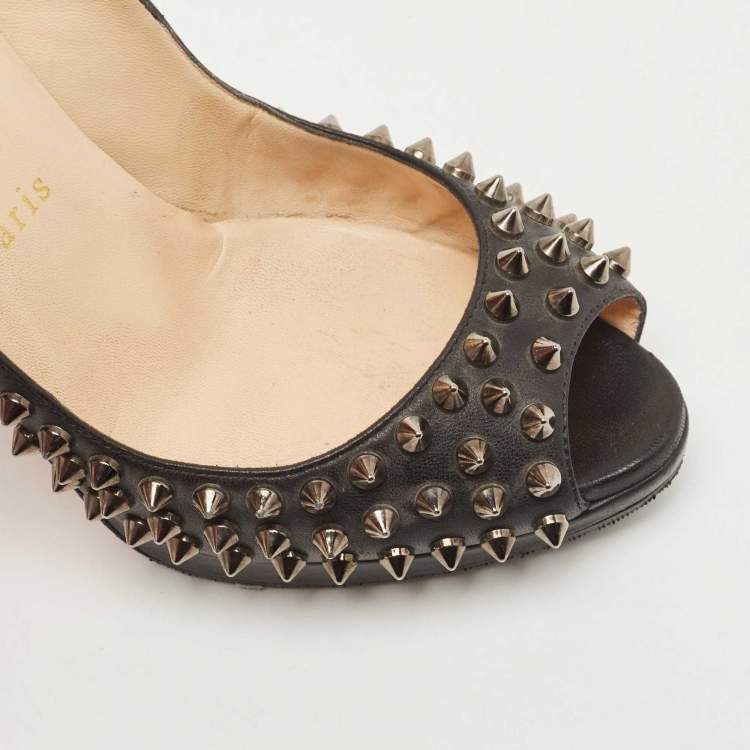 Pre Owned Christian Louboutin Black Leather Yolanda Spikes Pumps Size 37.5