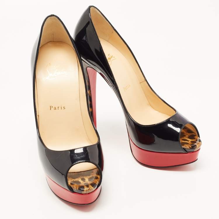 Pre Owned Christian Louboutin Black Patent Leather Lady Peep Pumps Size 38