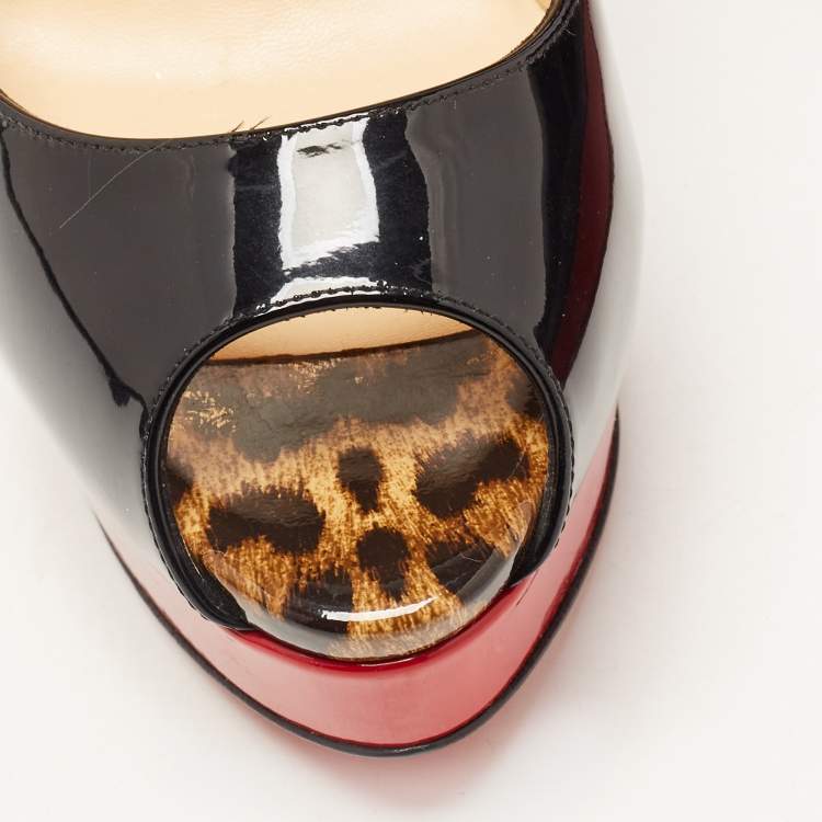 Pre Owned Christian Louboutin Black Patent Leather Lady Peep Pumps Size 38