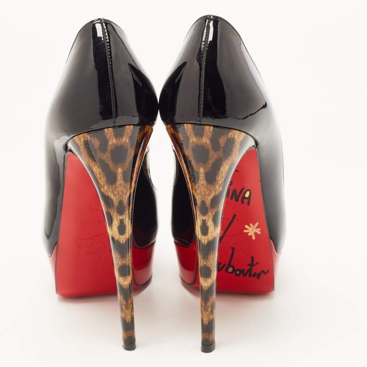 Pre Owned Christian Louboutin Black Patent Leather Lady Peep Pumps Size 38