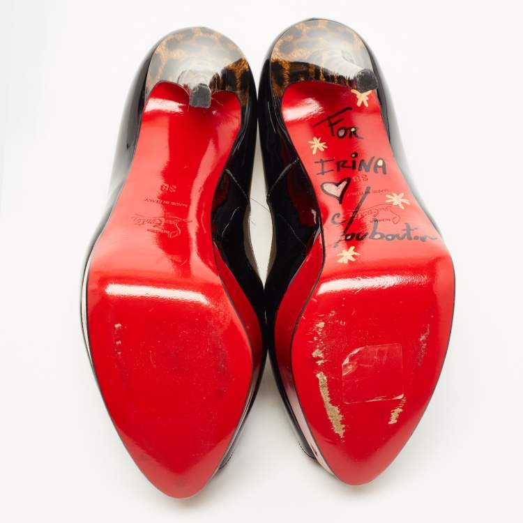 Pre Owned Christian Louboutin Black Patent Leather Lady Peep Pumps Size 38