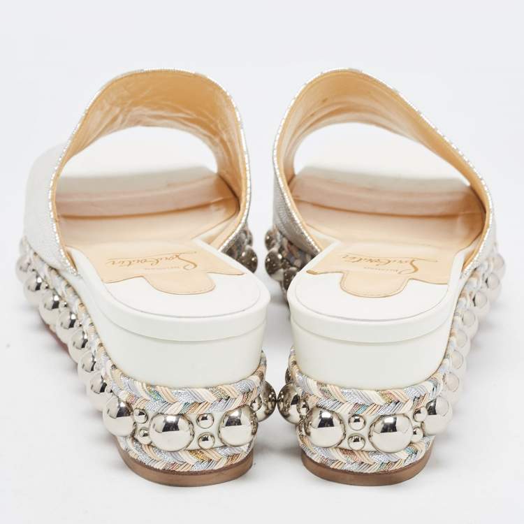 Pre Owned Christian Louboutin Silver Textured Suede Studded Platform Wedge Sandals Size 38