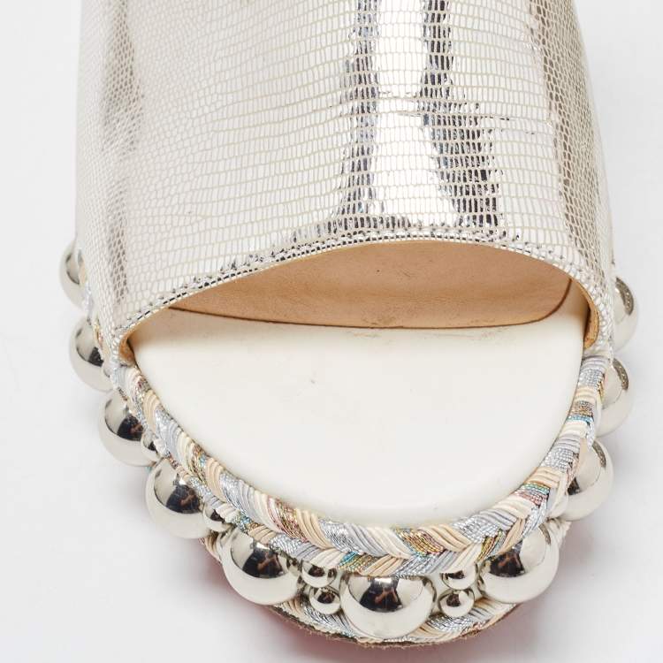 Pre Owned Christian Louboutin Silver Textured Suede Studded Platform Wedge Sandals Size 38