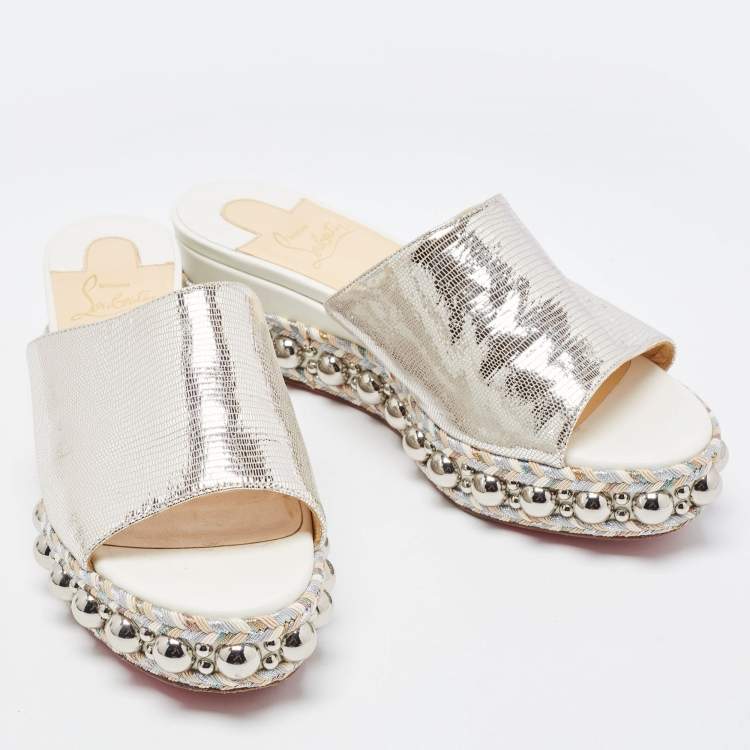 Pre Owned Christian Louboutin Silver Textured Suede Studded Platform Wedge Sandals Size 38