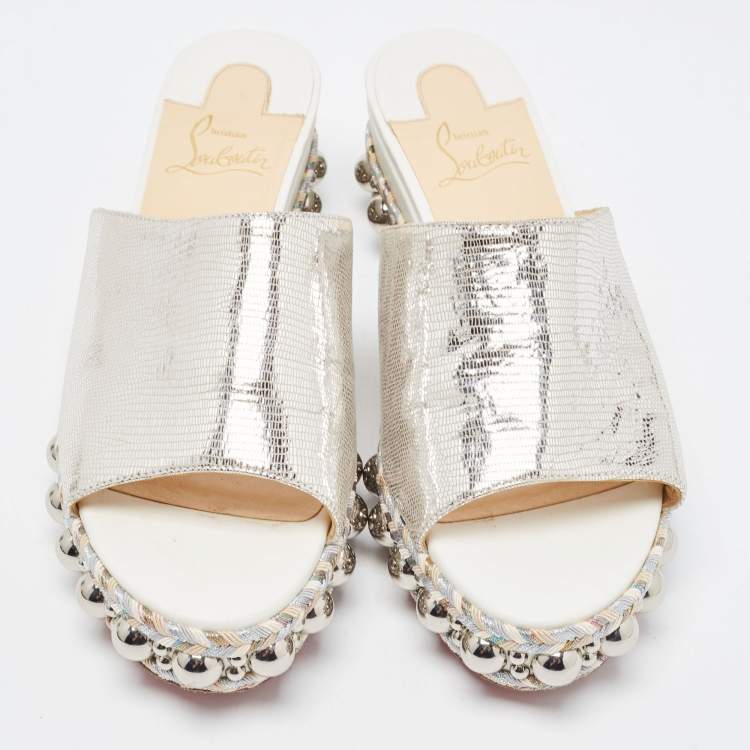Pre Owned Christian Louboutin Silver Textured Suede Studded Platform Wedge Sandals Size 38