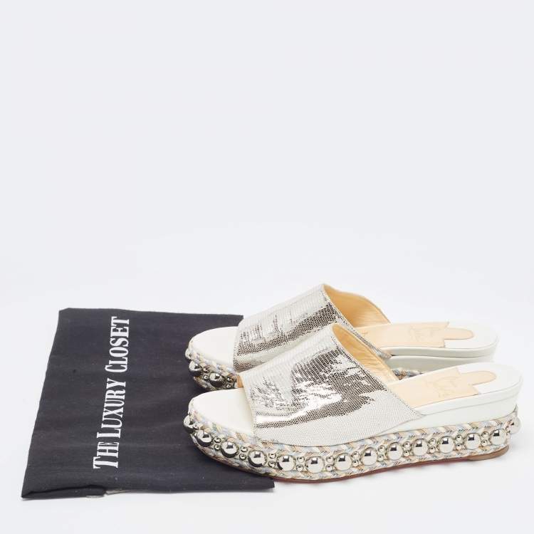 Pre Owned Christian Louboutin Silver Textured Suede Studded Platform Wedge Sandals Size 38