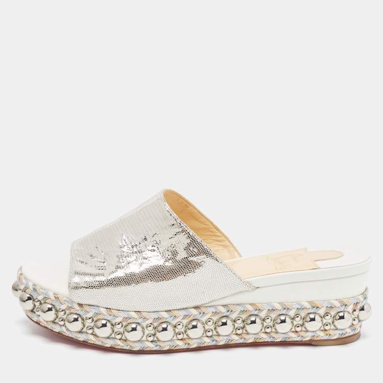 Pre Owned Christian Louboutin Silver Textured Suede Studded Platform Wedge Sandals Size 38