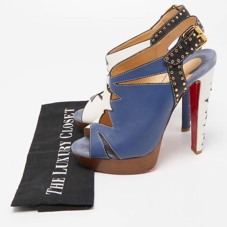 Pre Owned Christian Louboutin Tricolor Cut Out Leather Studded Platform Slingback Sandals Size 40