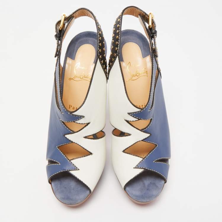 Pre Owned Christian Louboutin Tricolor Cut Out Leather Studded Platform Slingback Sandals Size 40