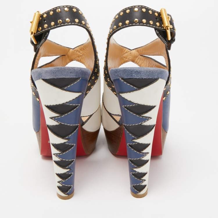 Pre Owned Christian Louboutin Tricolor Cut Out Leather Studded Platform Slingback Sandals Size 40
