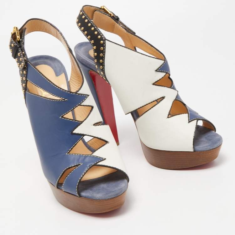 Pre Owned Christian Louboutin Tricolor Cut Out Leather Studded Platform Slingback Sandals Size 40