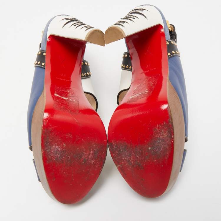 Pre Owned Christian Louboutin Tricolor Cut Out Leather Studded Platform Slingback Sandals Size 40