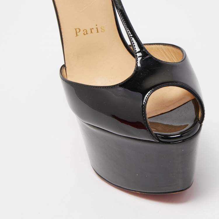 Pre Owned Christian Louboutin Black Patent Leather Peep Toe Platform T-Strap Pumps Size 35.5