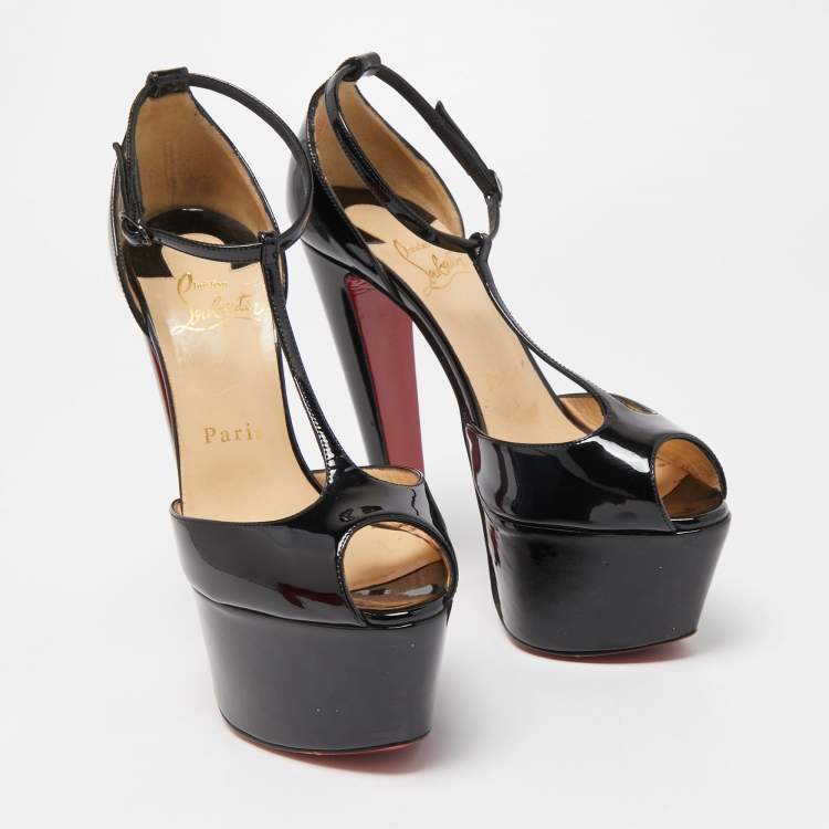 Pre Owned Christian Louboutin Black Patent Leather Peep Toe Platform T-Strap Pumps Size 35.5