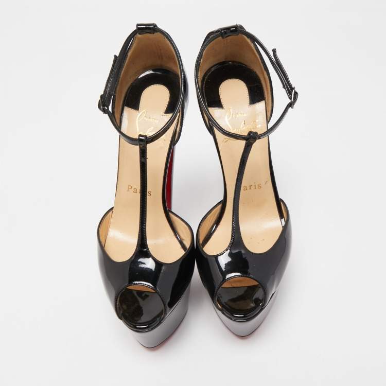 Pre Owned Christian Louboutin Black Patent Leather Peep Toe Platform T-Strap Pumps Size 35.5