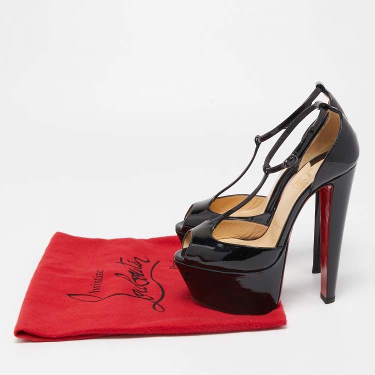 Pre Owned Christian Louboutin Black Patent Leather Peep Toe Platform T-Strap Pumps Size 35.5