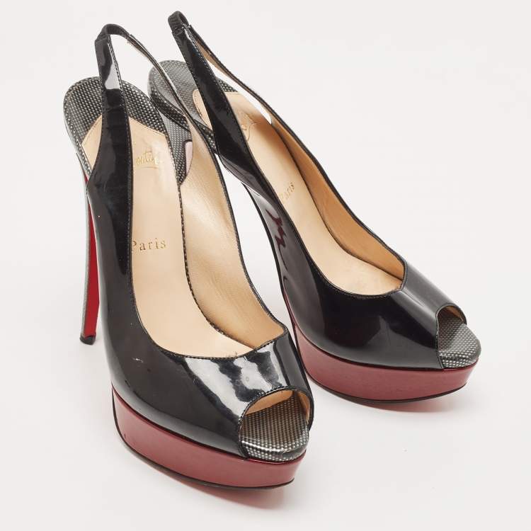 Pre Owned Christian Louboutin Black Patent Lady Peep Slingback Sandals Size 39.5