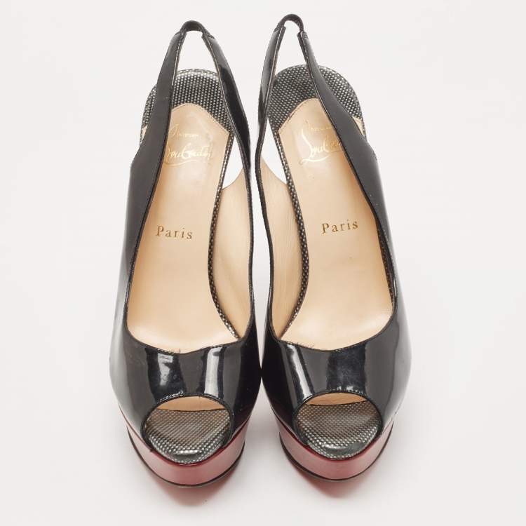 Pre Owned Christian Louboutin Black Patent Lady Peep Slingback Sandals Size 39.5