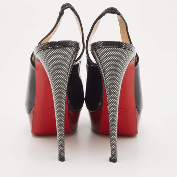 Pre Owned Christian Louboutin Black Patent Lady Peep Slingback Sandals Size 39.5
