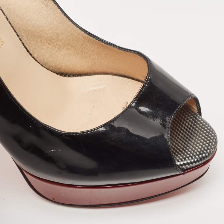 Pre Owned Christian Louboutin Black Patent Lady Peep Slingback Sandals Size 39.5