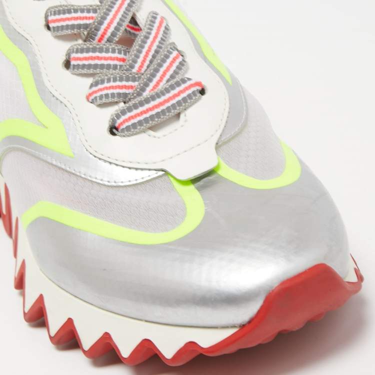 Pre Owned Christian Louboutin Tricolor Leather and Mesh Spiked Loubishark Sneakers Size 38