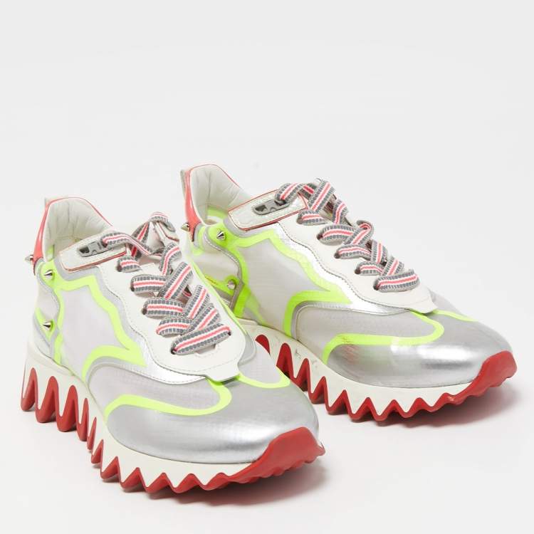 Pre Owned Christian Louboutin Tricolor Leather and Mesh Spiked Loubishark Sneakers Size 38