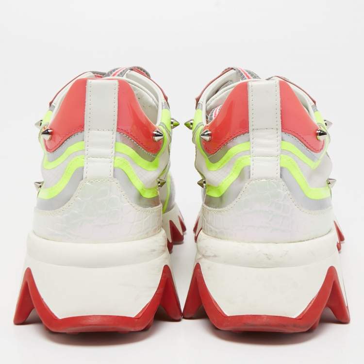 Pre Owned Christian Louboutin Tricolor Leather and Mesh Spiked Loubishark Sneakers Size 38