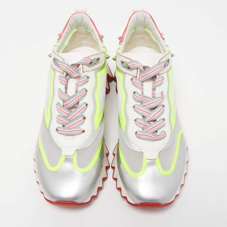 Pre Owned Christian Louboutin Tricolor Leather and Mesh Spiked Loubishark Sneakers Size 38