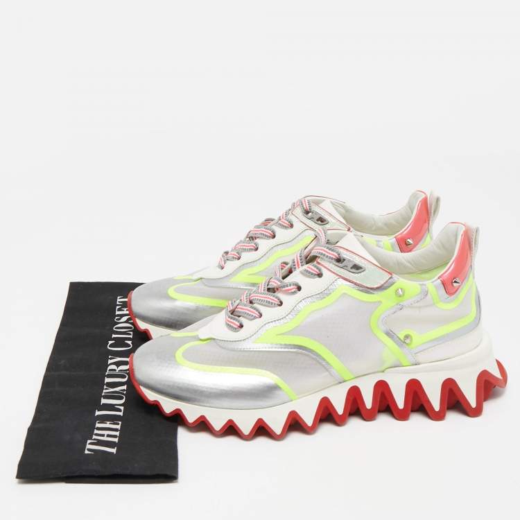 Pre Owned Christian Louboutin Tricolor Leather and Mesh Spiked Loubishark Sneakers Size 38