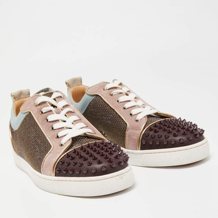Pre Owned Christian Louboutin Multicolor Glitter Mesh and Leather Louis Junior Spikes Low Top Sneakers Size 42.5