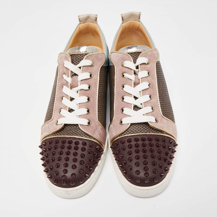 Pre Owned Christian Louboutin Multicolor Glitter Mesh and Leather Louis Junior Spikes Low Top Sneakers Size 42.5