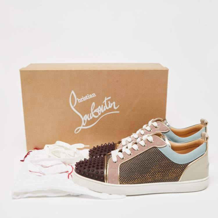 Pre Owned Christian Louboutin Multicolor Glitter Mesh and Leather Louis Junior Spikes Low Top Sneakers Size 42.5
