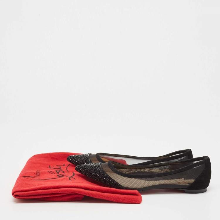 Pre Owned Christian Louboutin Black Mesh and Suede Galativi Strass Ballet Blats Size 37.5