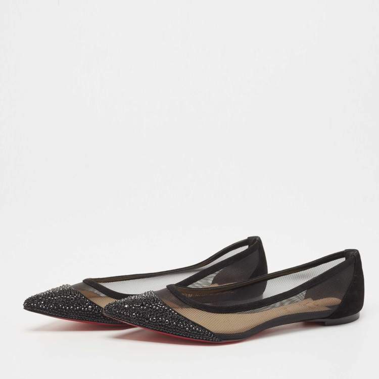 Pre Owned Christian Louboutin Black Mesh and Suede Galativi Strass Ballet Blats Size 37.5