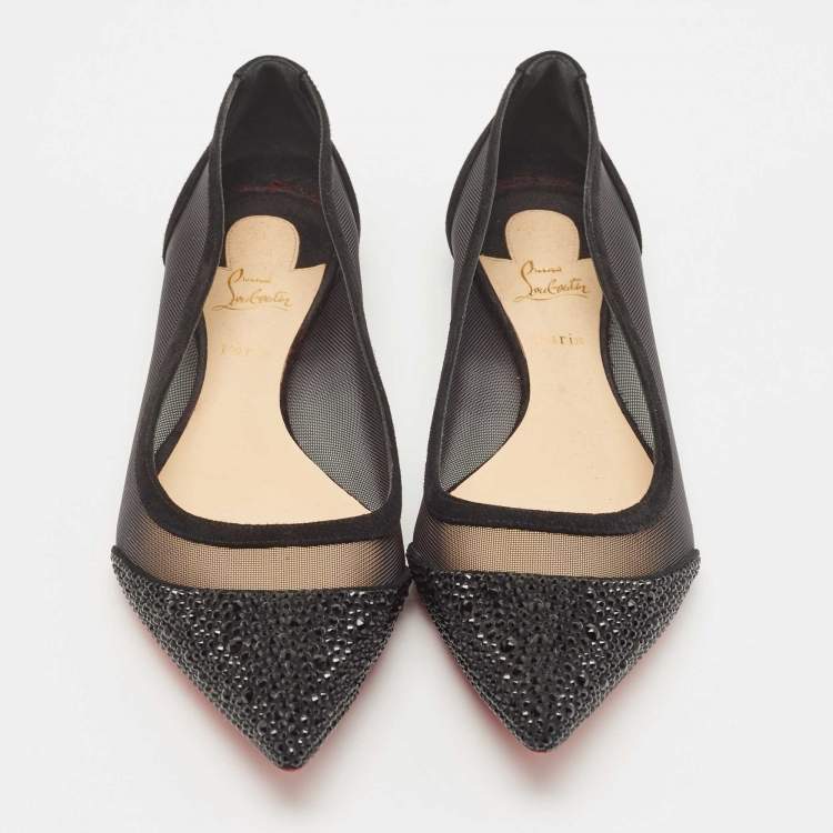 Pre Owned Christian Louboutin Black Mesh and Suede Galativi Strass Ballet Blats Size 37.5