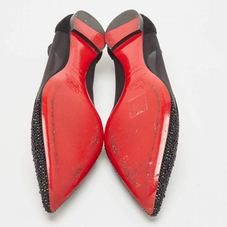 Pre Owned Christian Louboutin Black Mesh and Suede Galativi Strass Ballet Blats Size 37.5