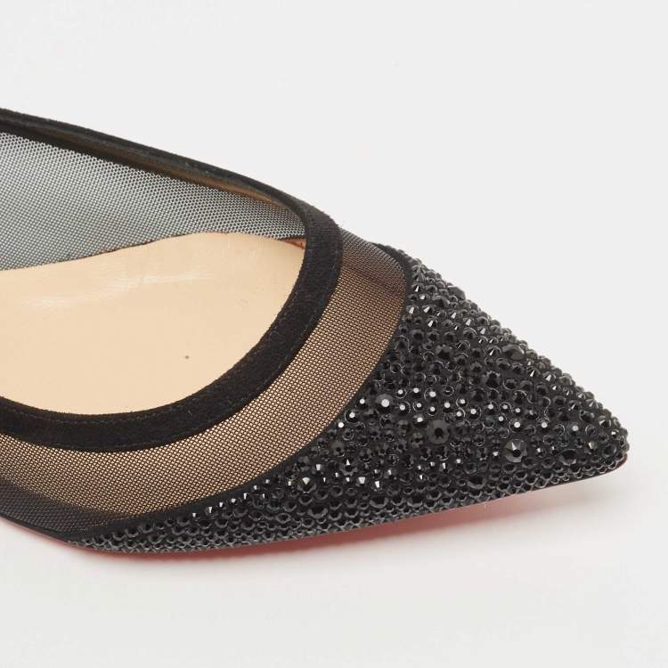 Pre Owned Christian Louboutin Black Mesh and Suede Galativi Strass Ballet Blats Size 37.5