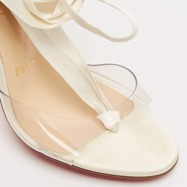 Pre Owned Christian Louboutin White Satin and PVC Marie Edwina Ankle Wrap Sandals Size 36