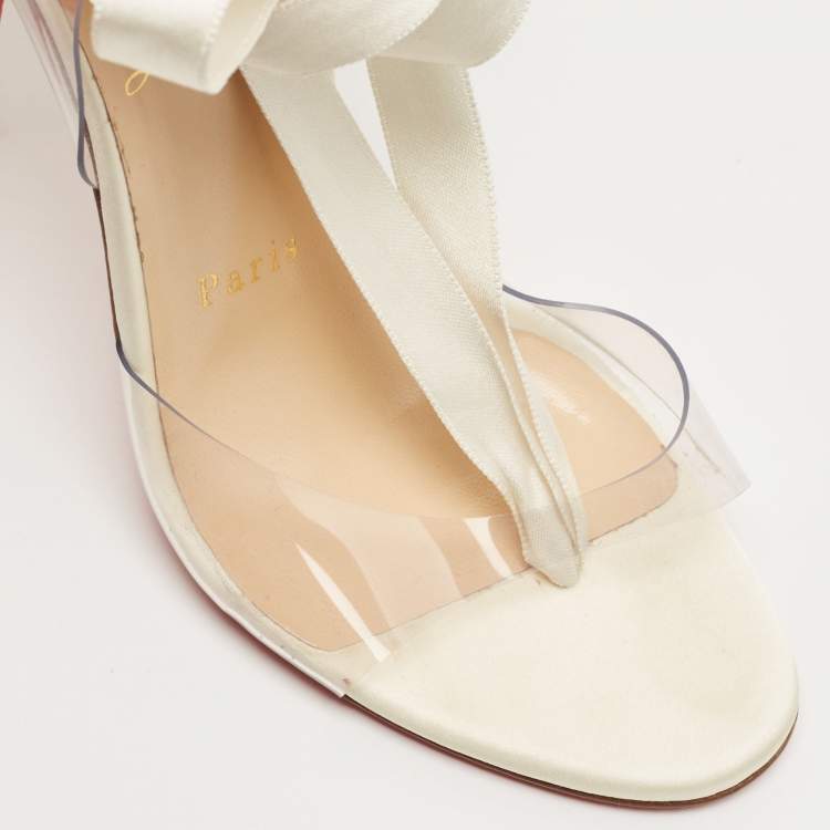 Pre Owned Christian Louboutin White Satin and PVC Marie Edwina Ankle Wrap Sandals Size 36
