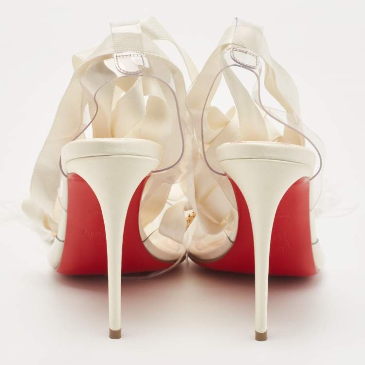 Pre Owned Christian Louboutin White Satin and PVC Marie Edwina Ankle Wrap Sandals Size 36