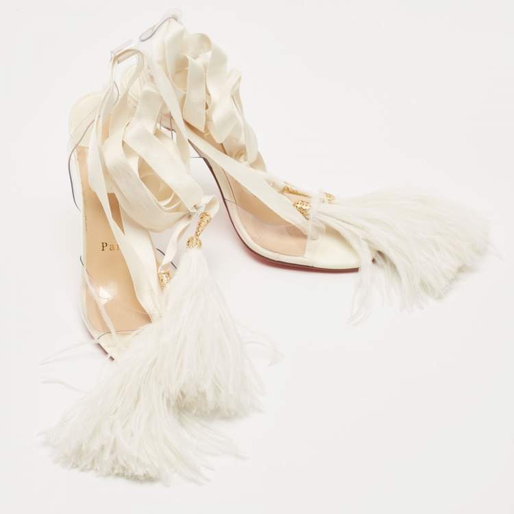 Pre Owned Christian Louboutin White Satin and PVC Marie Edwina Ankle Wrap Sandals Size 36